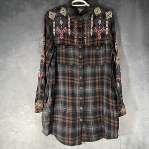 Johnny WAS Women's M Plaid Button Down Shirt Tunic  Length Pockets Embroidered